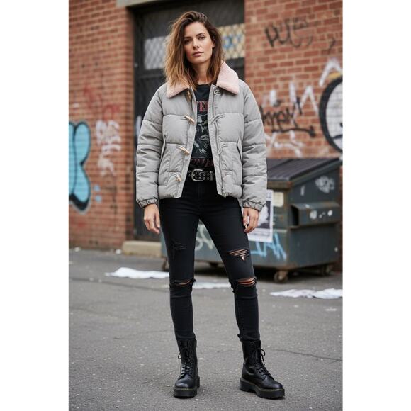 Quilted Puffer Cropped Jacket Sz M Light Sage Green Toggle Buttons Fleece Collar - Picture 2 of 16